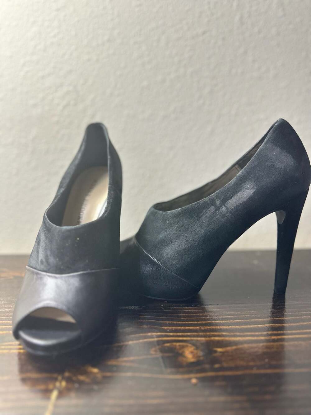 Audrey Brooke Black Suede and Leather Peep Toe Stiletto Heels